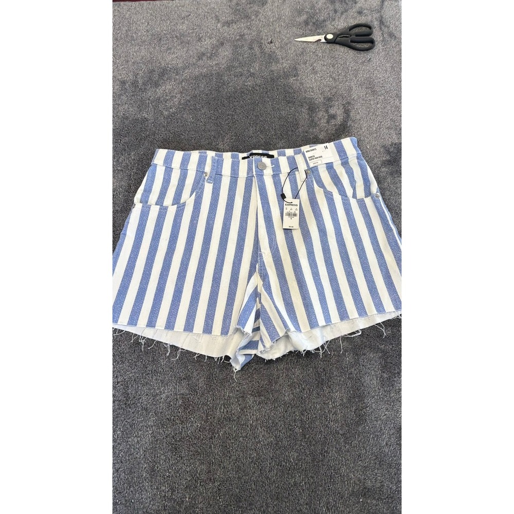 Express Mom Shorts Womens 14 Blue White Striped Super High Rise Shortie Stretch